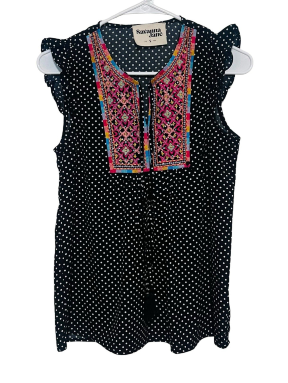 Savanna Jane Embroidered Top Women’s Small Black Polka Dot Boho Peasant Blouse